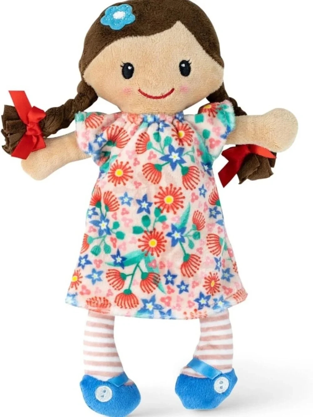 Cuddly 10" Brown Hair Rag Doll - Soft Velboa Fabric, Flower Dress, Safe